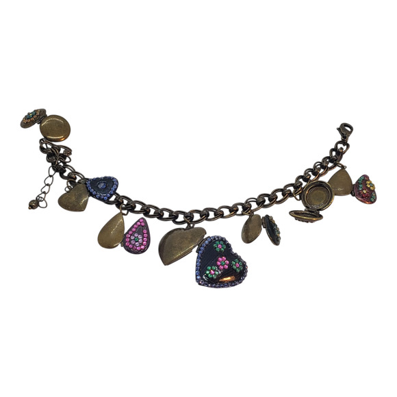 Puffy Heart Charm Bracelet Brass Tone Enamel Decor Teardrop 7 Locket Charms - Picture 3 of 14